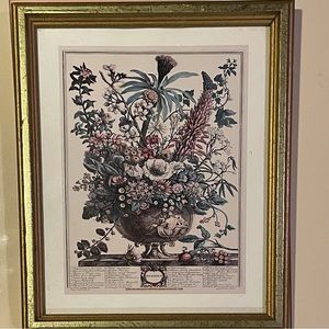 Vintage Furber December Floral Botanical Framed Print Etching Hand Colored